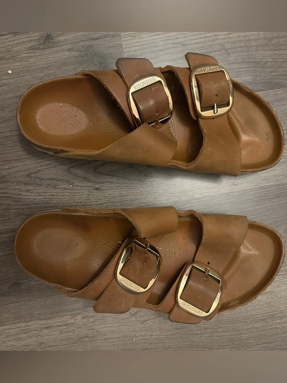 Birkenstock Brown Leather Sandals, gold buckles